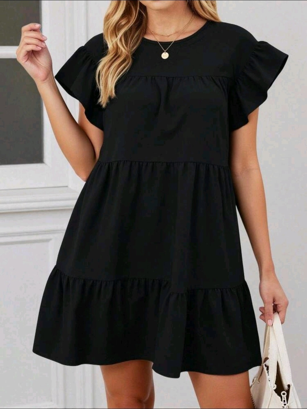 SHEIN Black Ruffle Sleeve Tiered Mini Dress